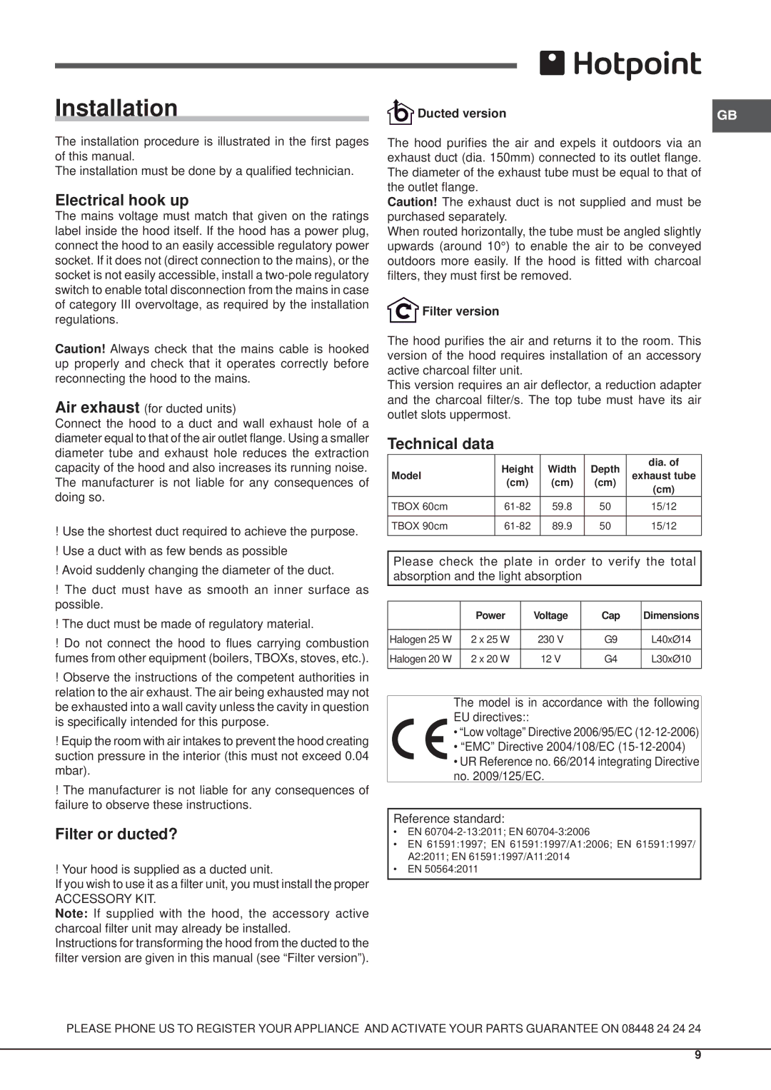 Hotpoint HHB6.7AD manual Installation, Electrical hook up, Filter or ducted?, Technical data 