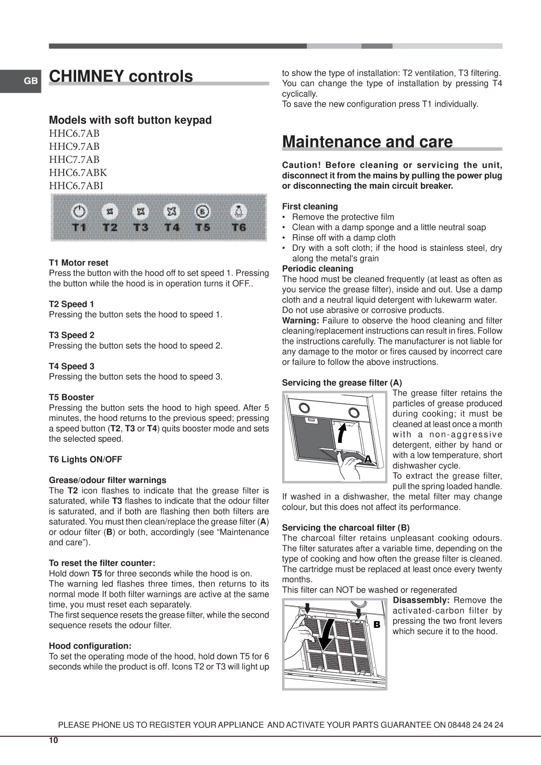 Hotpoint HHC9.7AB, HHC6.7ABI, HHC7.7AB manual GB Chimney controls, Maintenance and care, Models with soft button keypad 