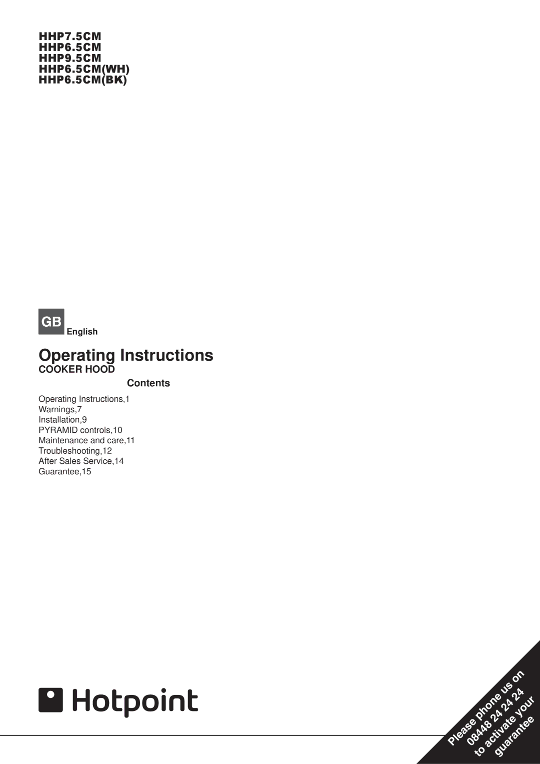 Hotpoint HHP9.5CM, HHP7.5CM, HHP6.5CM(WH) operating instructions Operating Instructions, Cooker Hood 