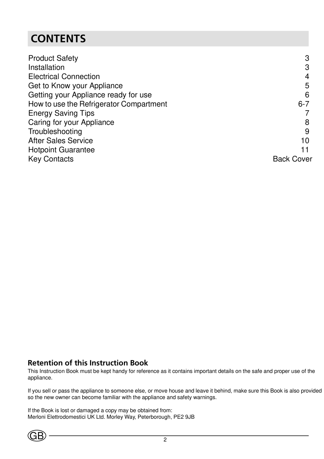 Hotpoint HL161AI manual Contents 