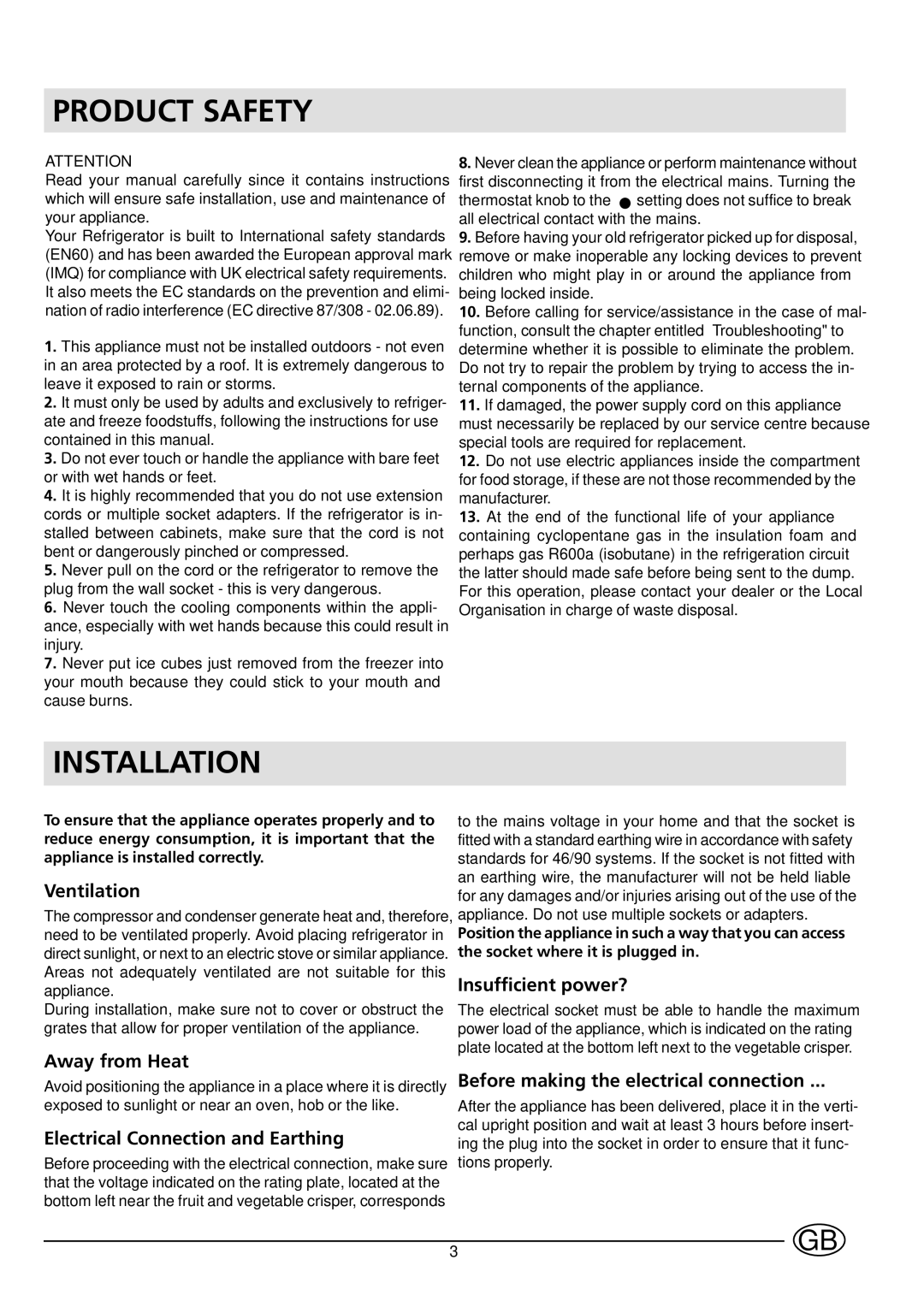 Hotpoint HL161AI manual Product Safety, Installation 