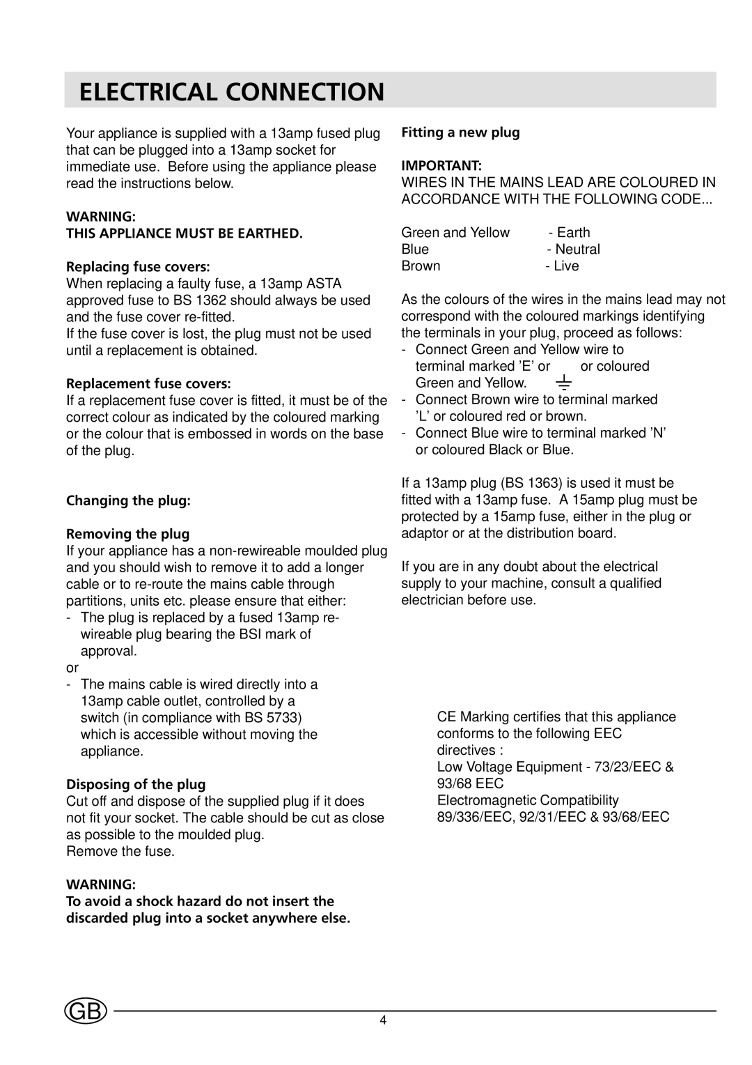 Hotpoint HL161AI manual Electrical Connection 