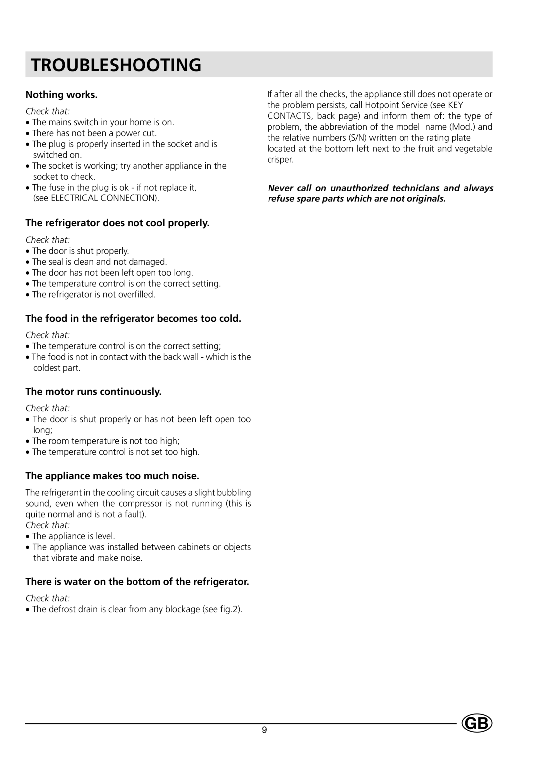 Hotpoint HL161AI manual Troubleshooting 