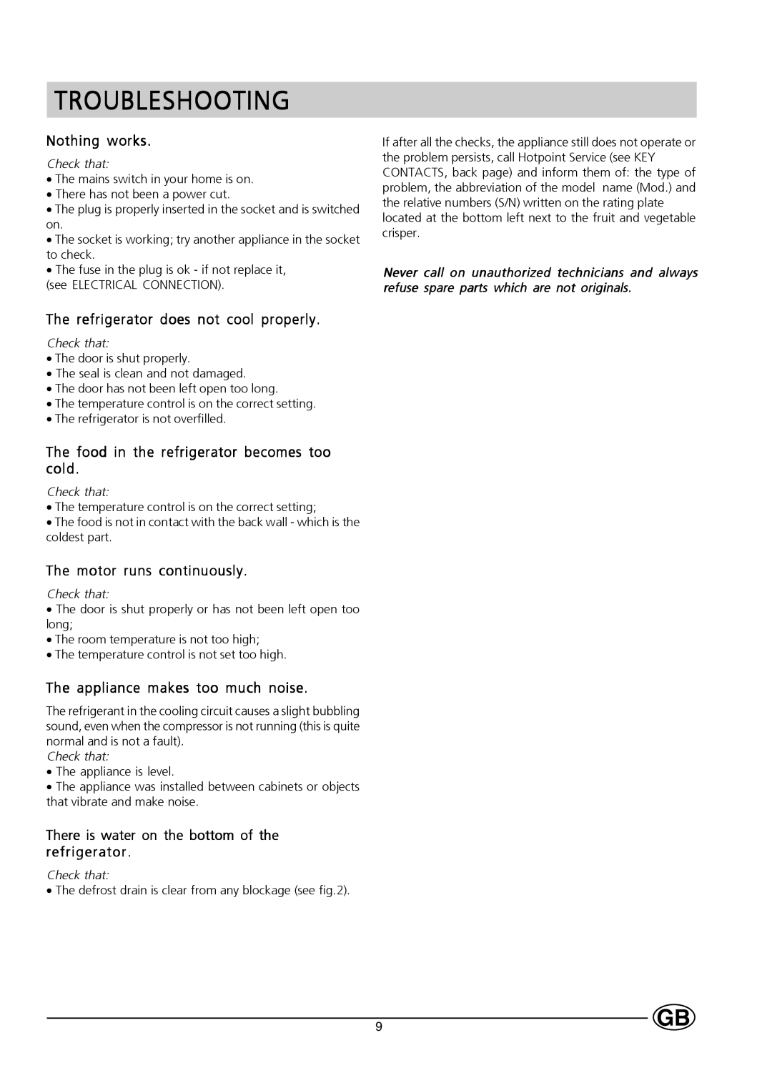 Hotpoint HL161I manual Troubleshooting 