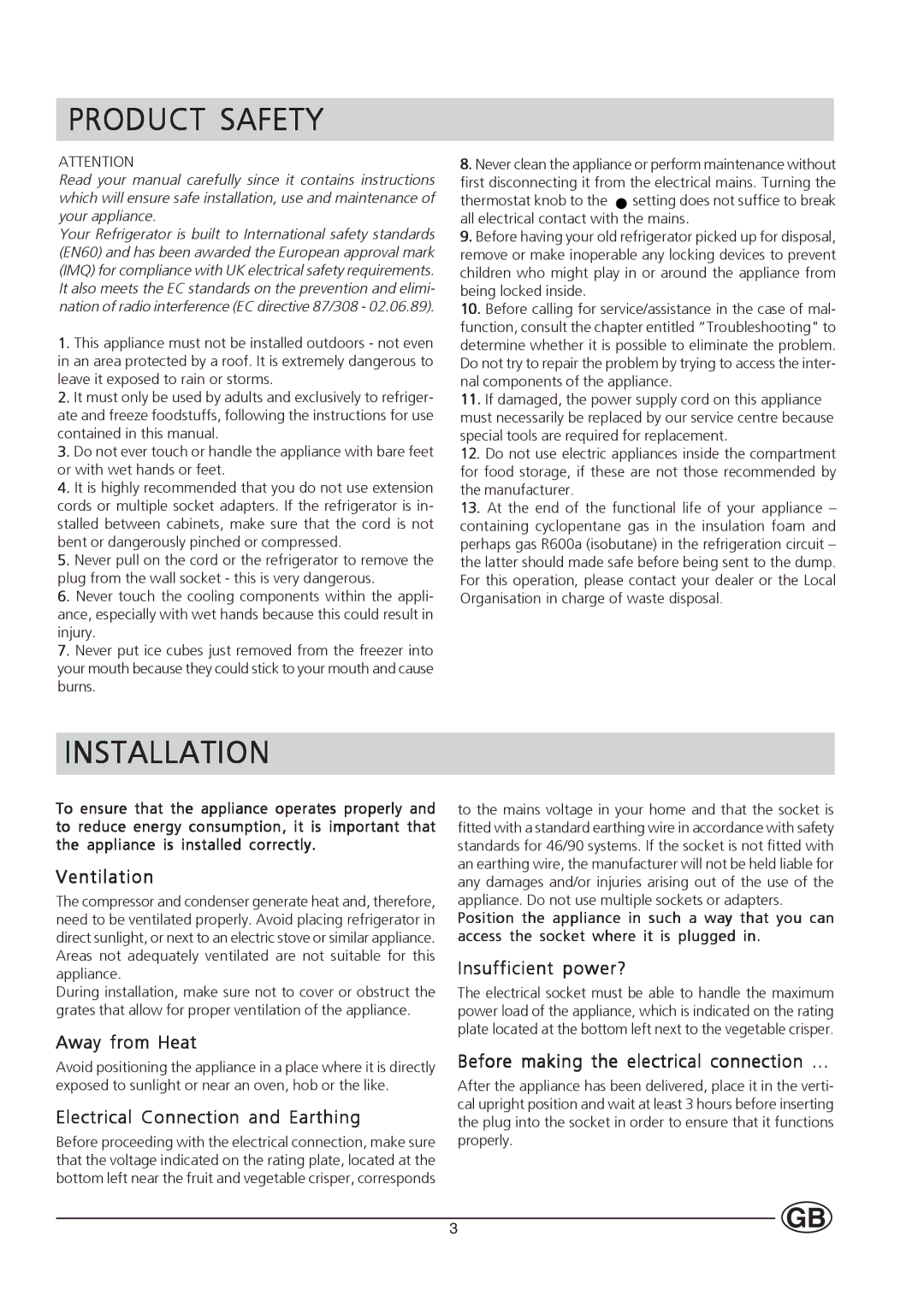 Hotpoint HL232I manual Product Safety, Installation 