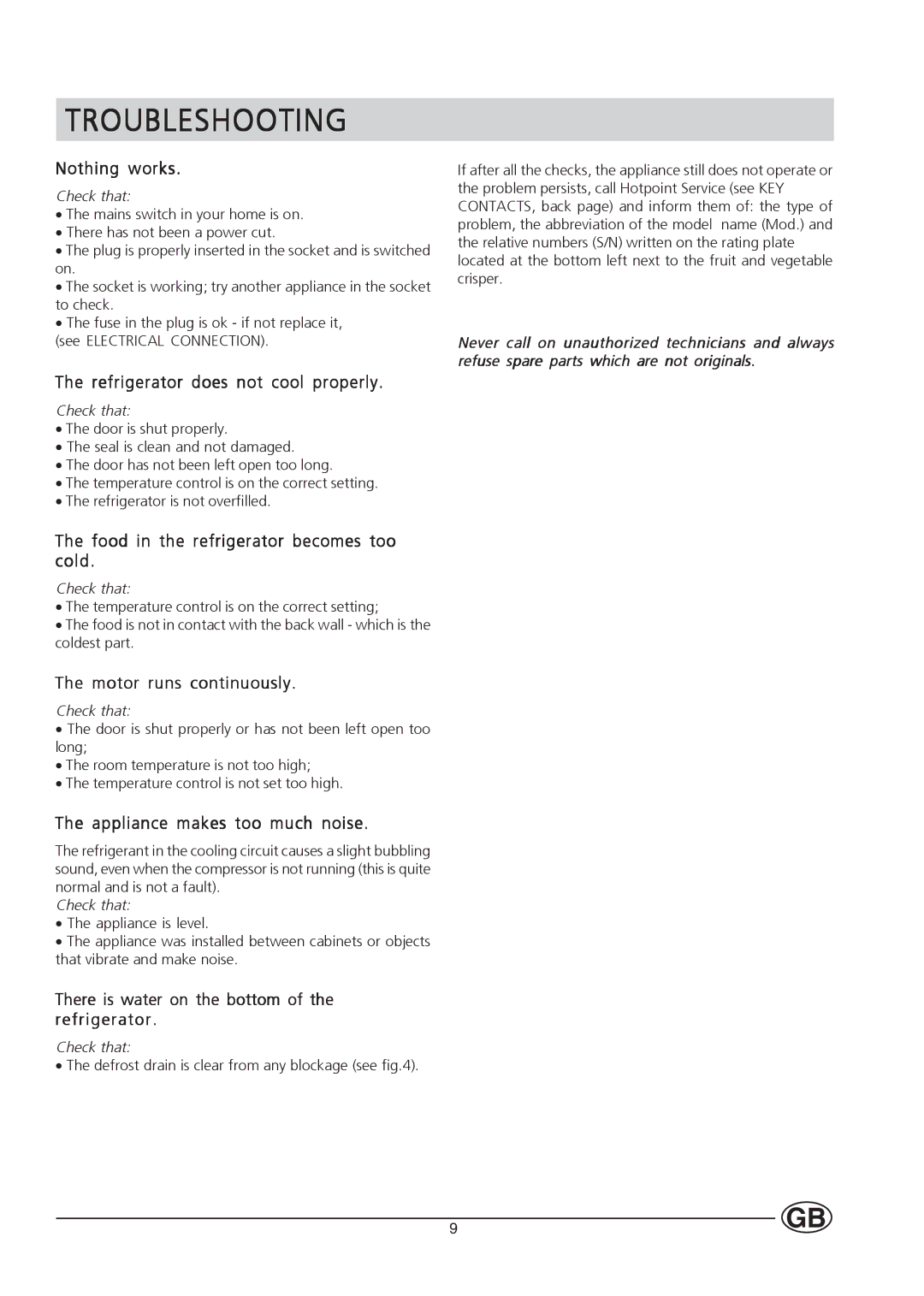 Hotpoint HL232I manual Troubleshooting 