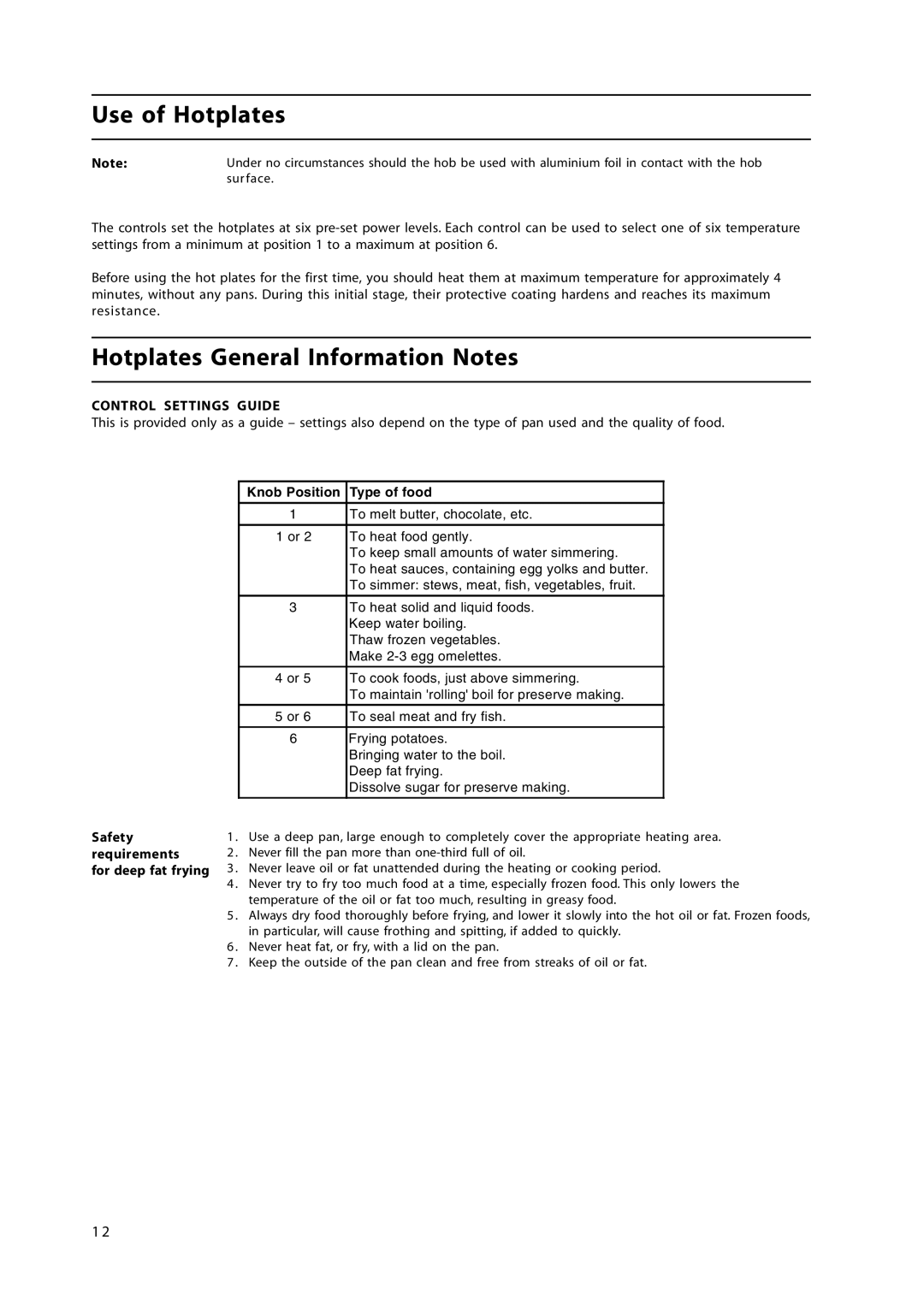 Hotpoint HL500E manual Use of Hotplates, Hotplates General Information Notes 