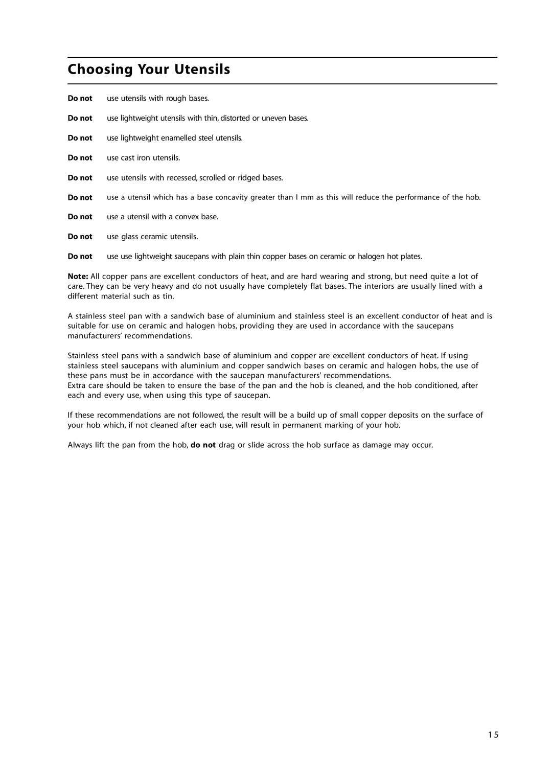 Hotpoint HL500E manual Choosing Your Utensils 