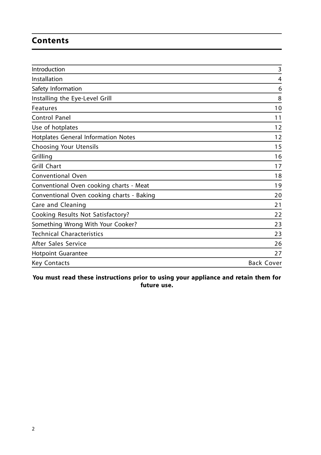 Hotpoint HL500E manual Contents 