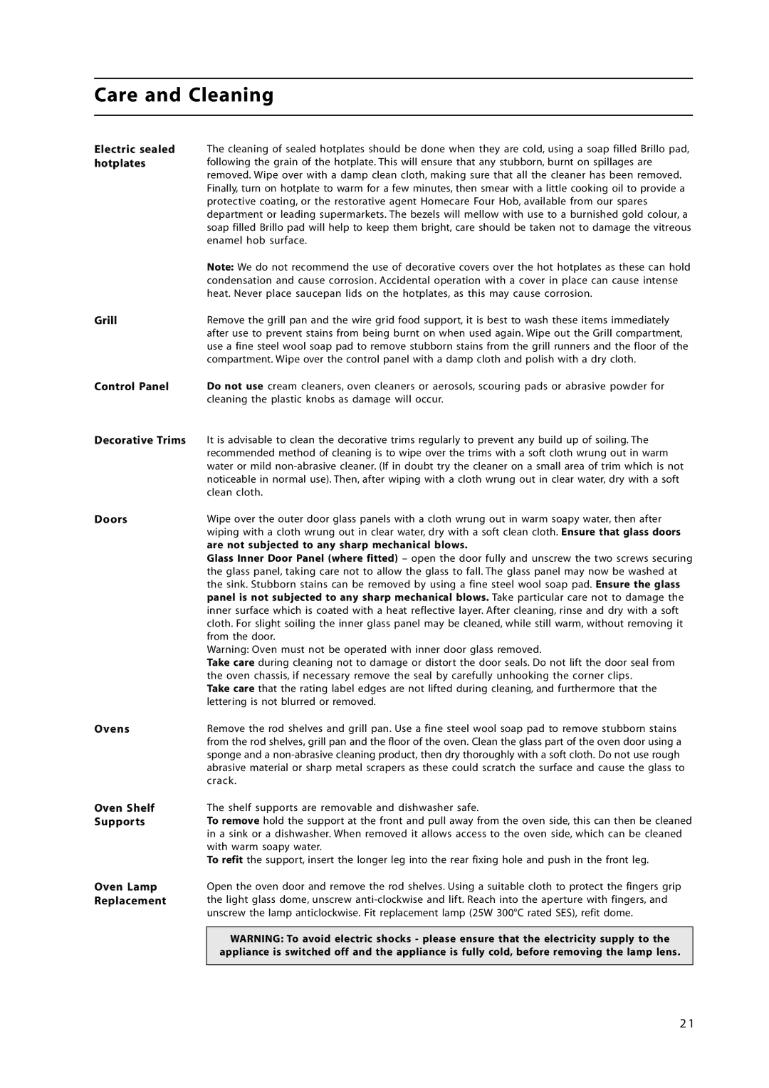 Hotpoint HL500E manual Care and Cleaning 