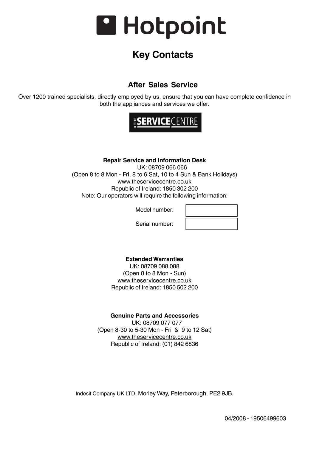 Hotpoint HL500E manual Key Contacts 