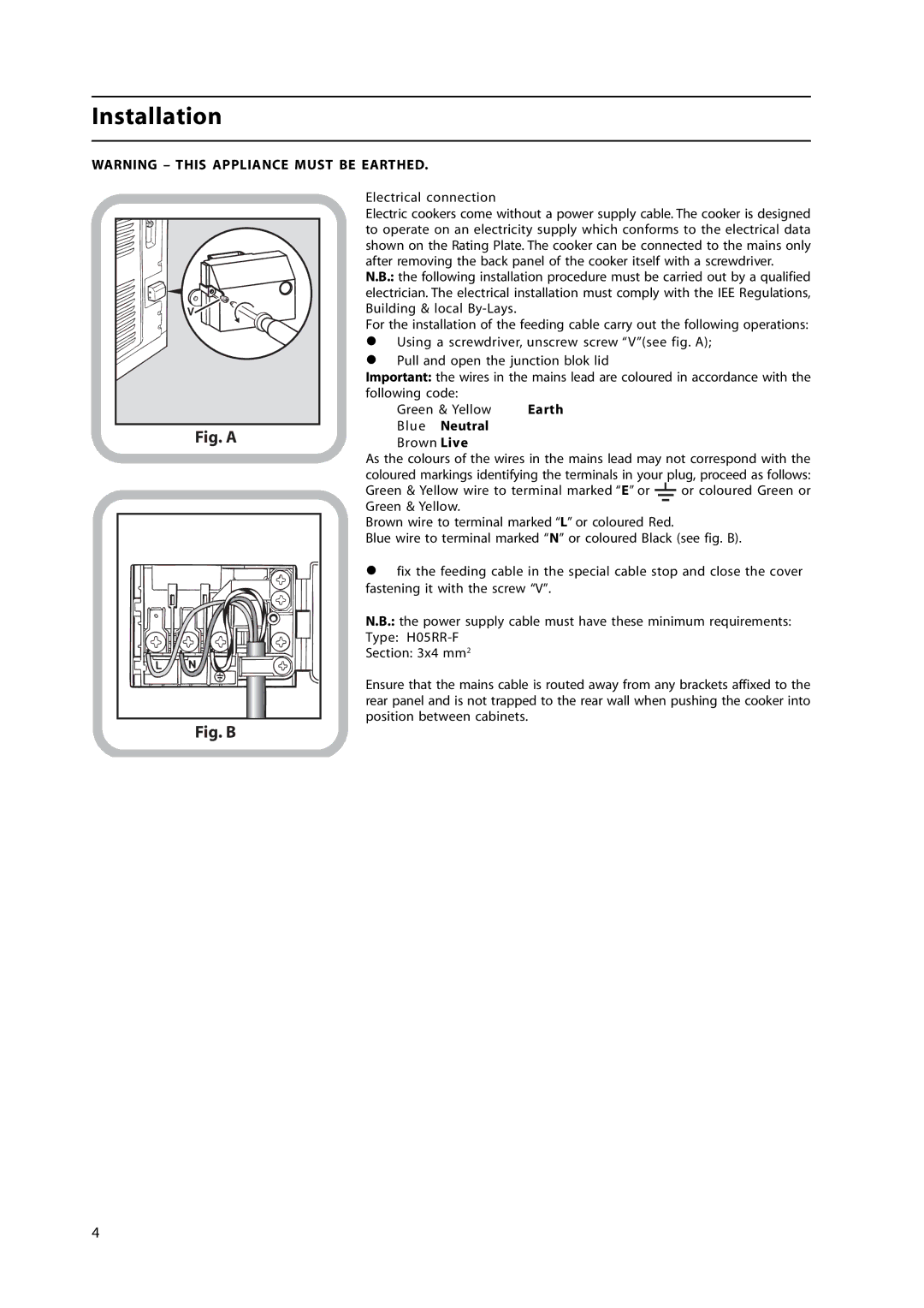 Hotpoint HL500E manual Installation, Electrical connection 