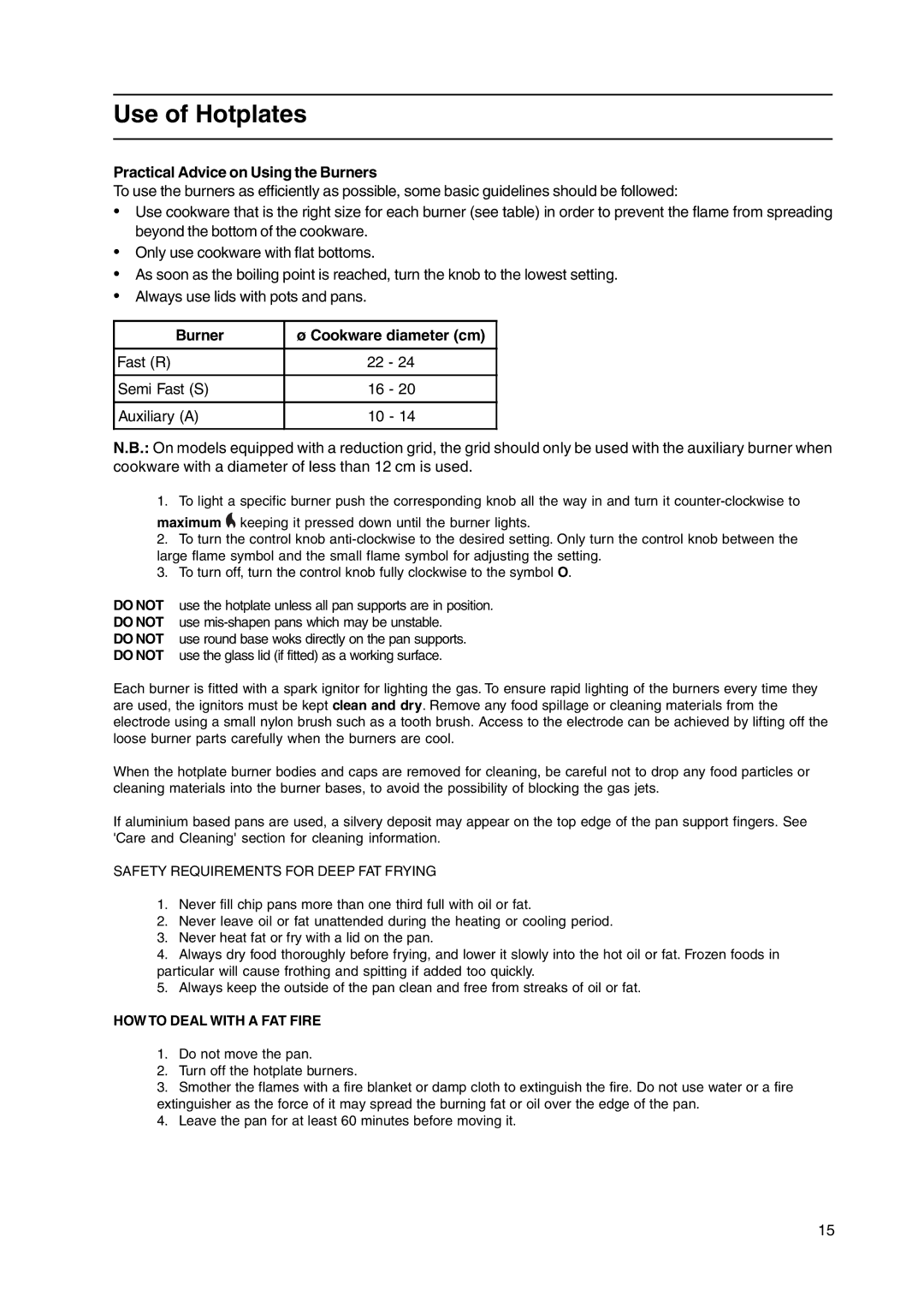 Hotpoint HL500G manual Use of Hotplates, Practical Advice on Using the Burners, Burner Cookware diameter cm 