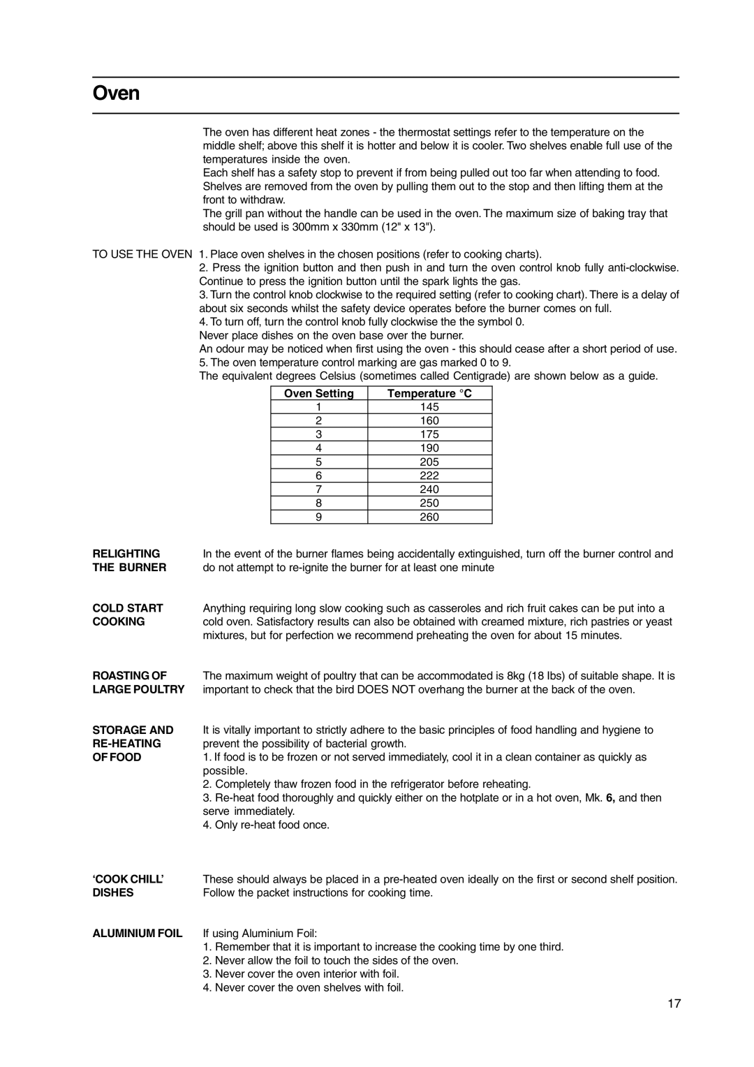 Hotpoint HL500G manual Oven Setting Temperature C 