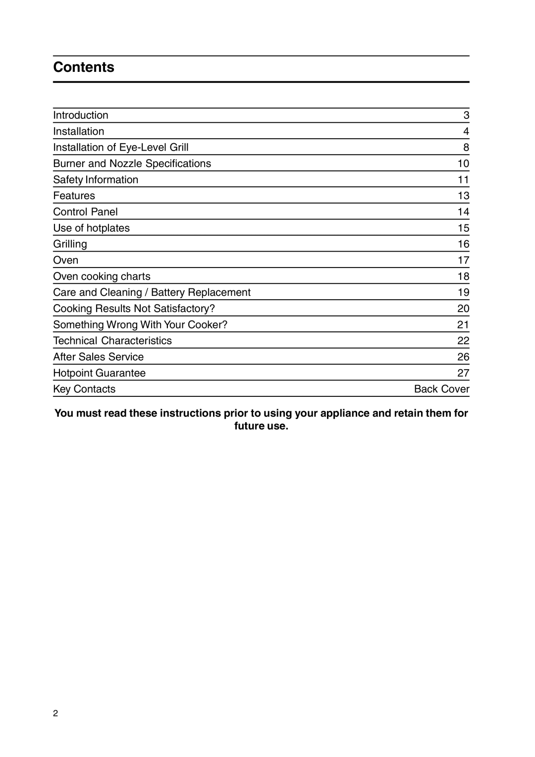 Hotpoint HL500G manual Contents 