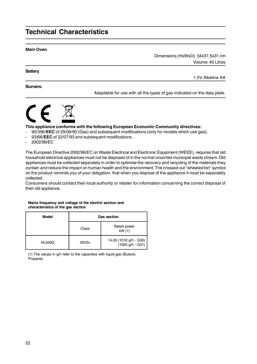 Hotpoint HL500G manual Technical Characteristics, Main Oven, Battery, Burners 