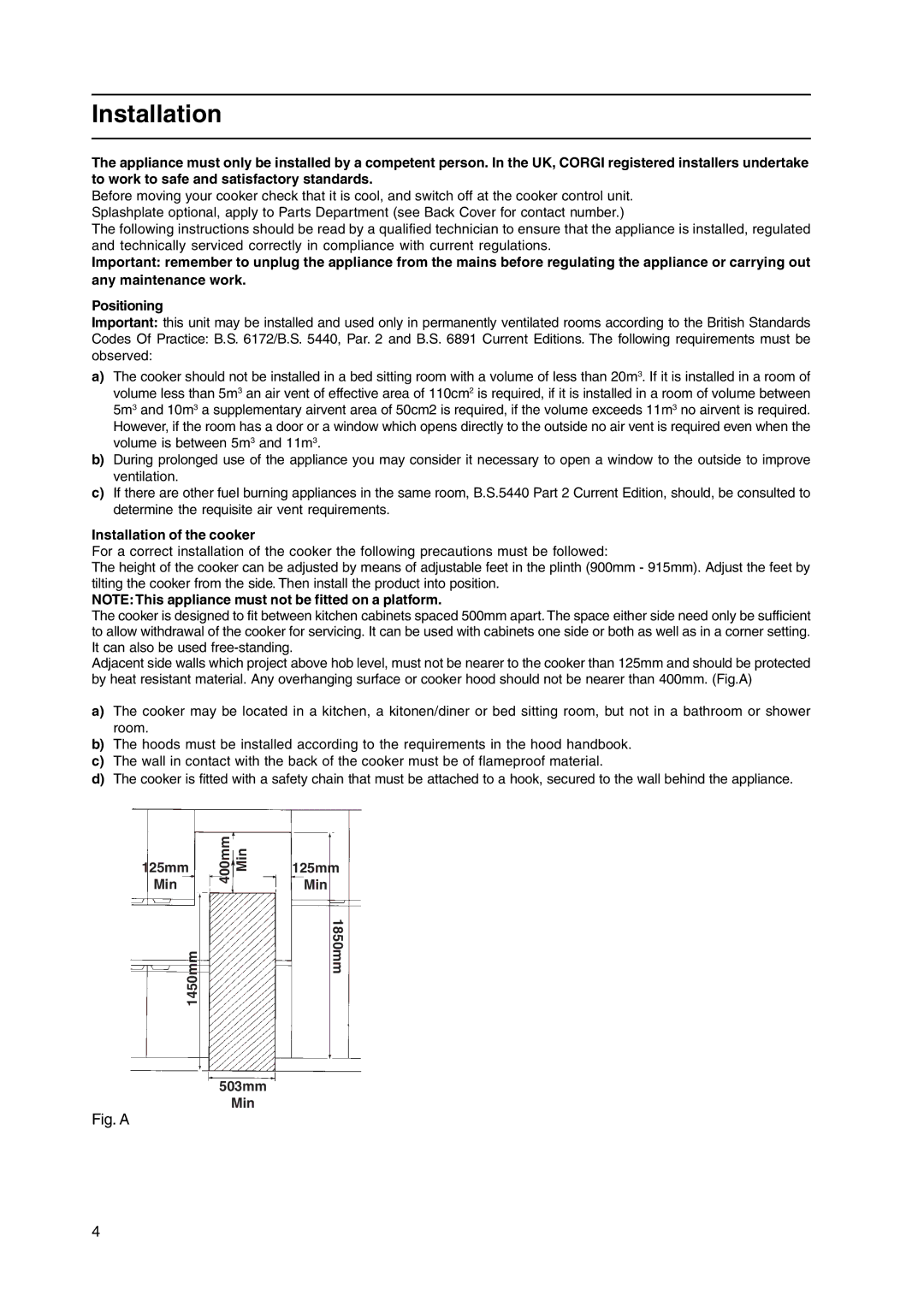 Hotpoint HL500G manual Installation of the cooker 