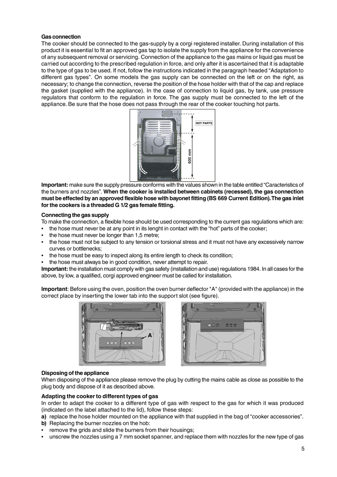 Hotpoint HL500G manual Gas connection, Connecting the gas supply, Disposing of the appliance 