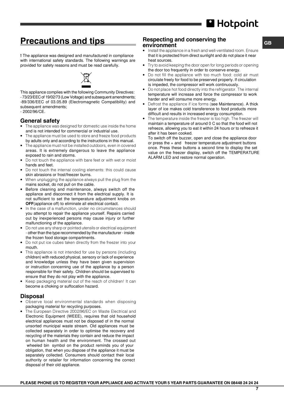 Hotpoint HM 3x AA AI manual Precautions and tips, General safety, Disposal, Respecting and conserving Environment 