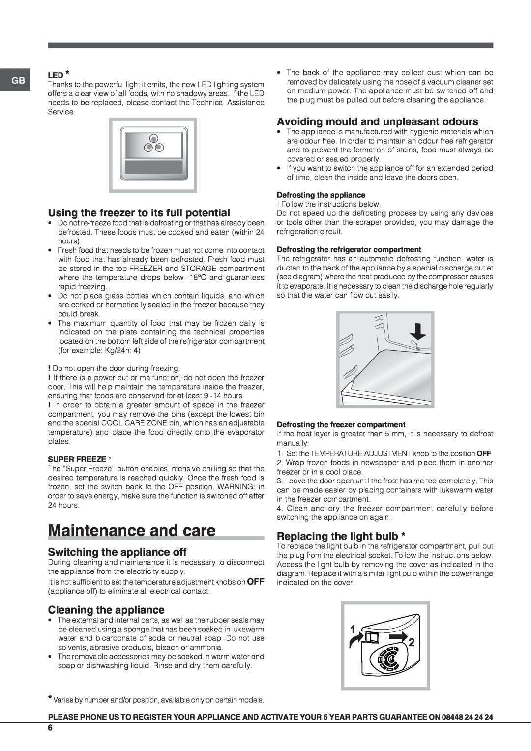 Hotpoint HM 3x AA AI manual Maintenance and care, Using the freezer to its full potential, Switching the appliance off 