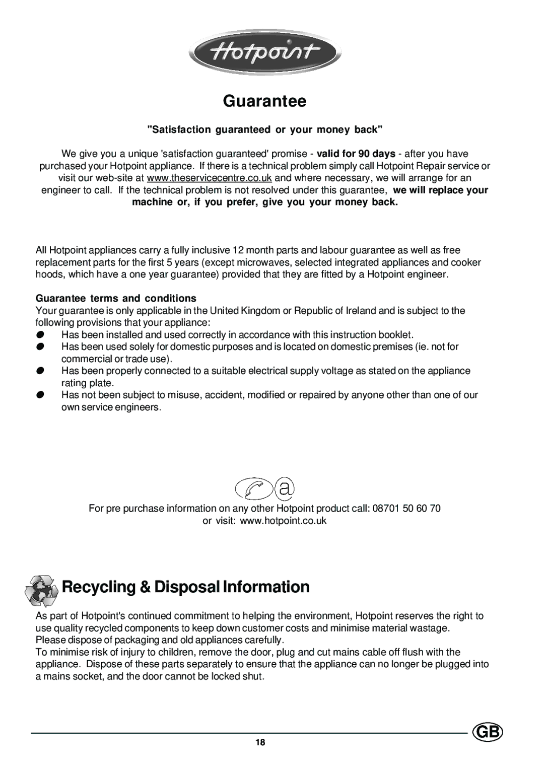 Hotpoint HM311i manual Guarantee, Recycling & Disposal Information 