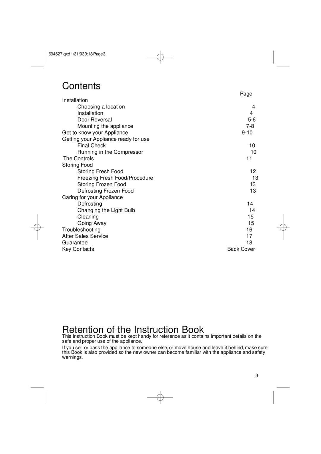 Hotpoint HM311i manual Contents, Retention of the Instruction Book 