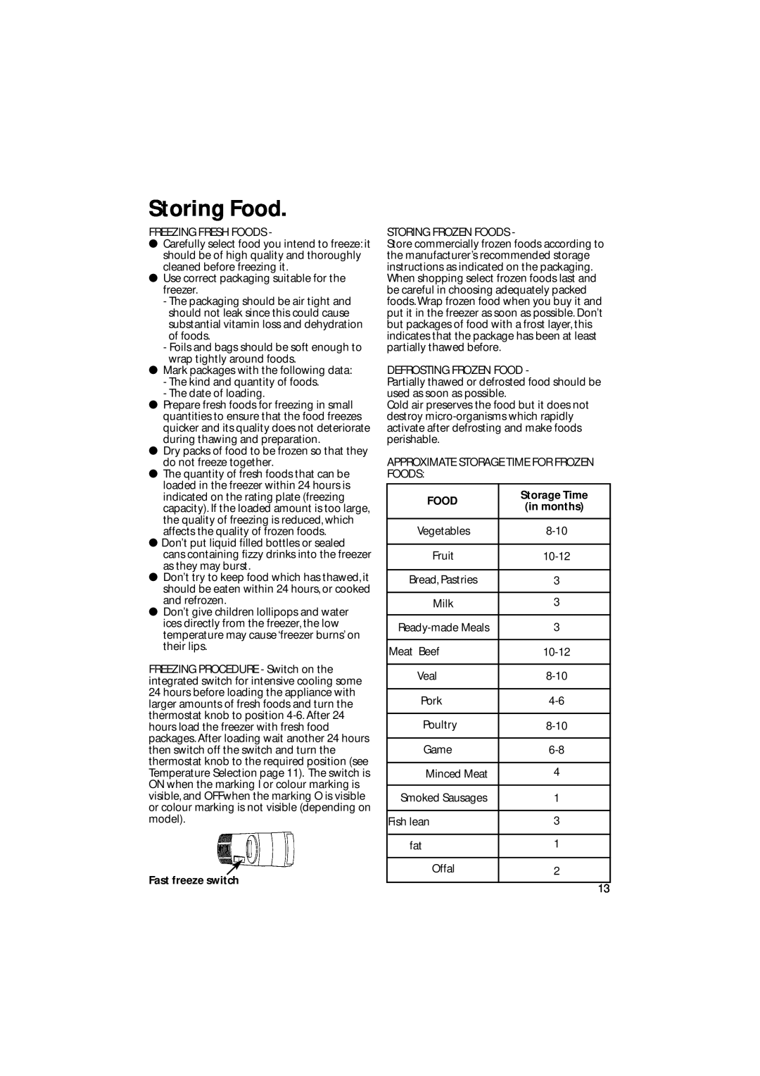 Hotpoint HM311i manual Storing Food, Fast freeze switch, Storage Time 