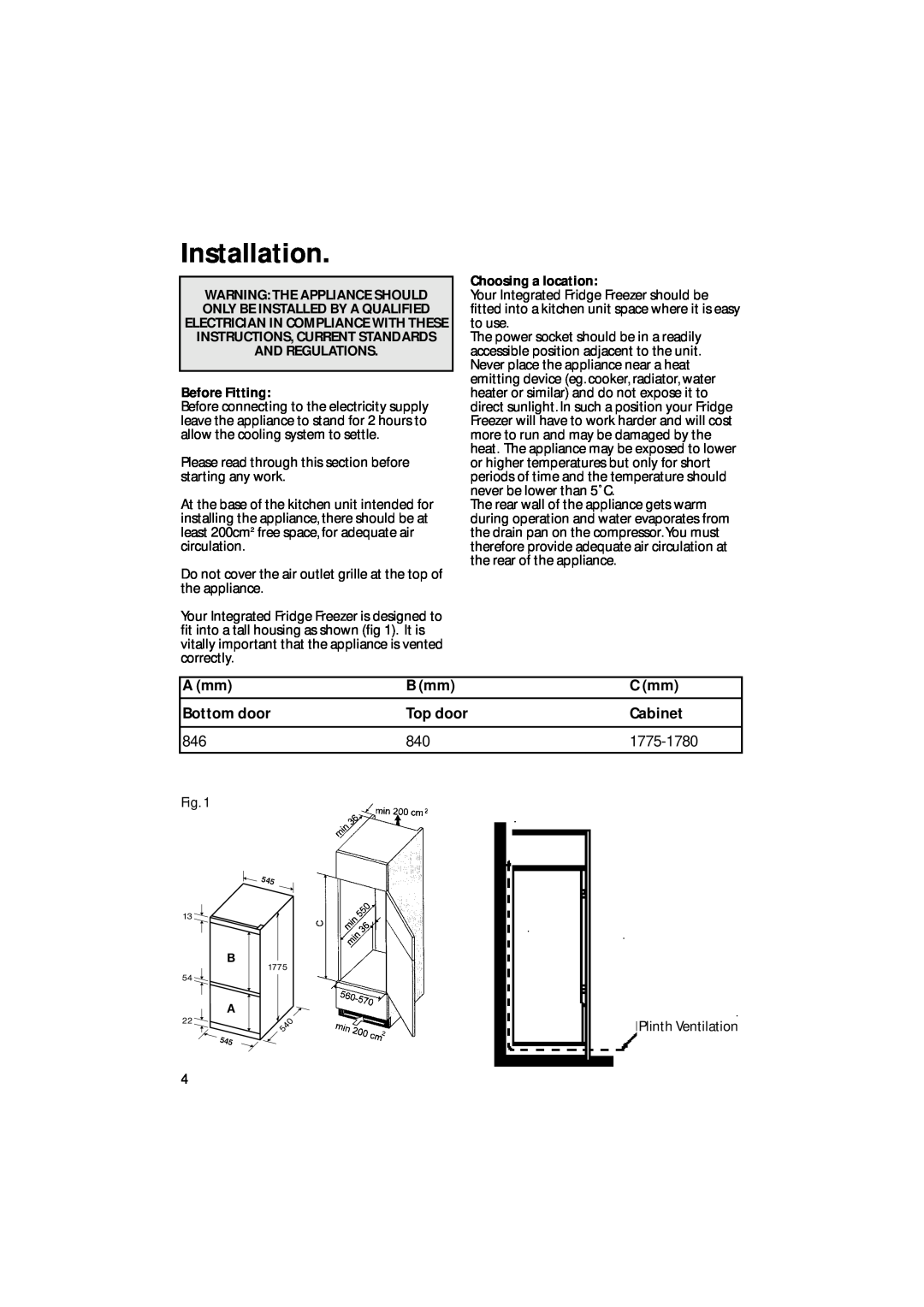 Hotpoint HM311i manual Installation, A mm, B mm, C mm, Bottom door, Top door, Cabinet, 1775-1780, Before Fitting 