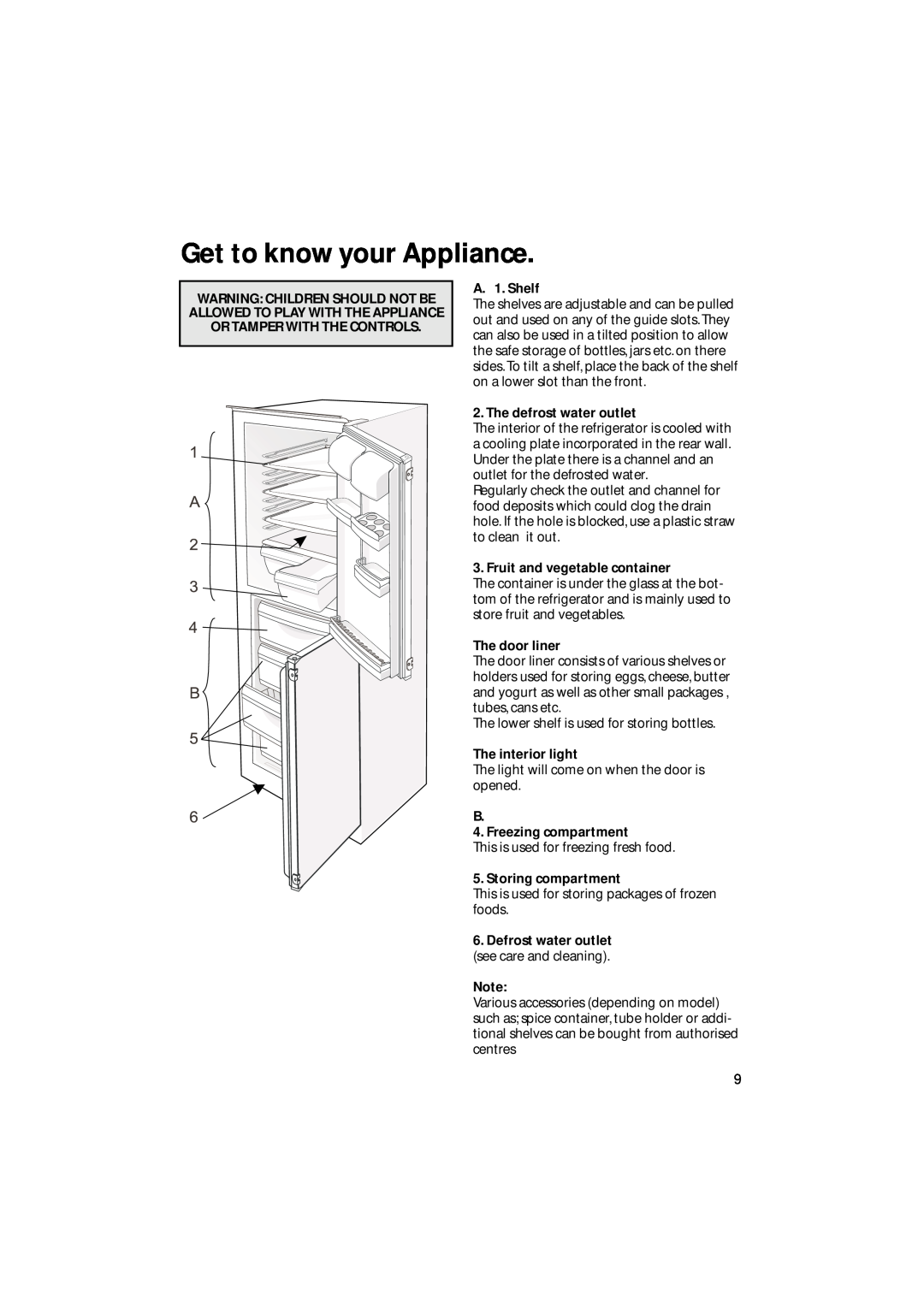 Hotpoint HM311i manual Get to know your Appliance, A. 1. Shelf, The defrost water outlet, Fruit and vegetable container 