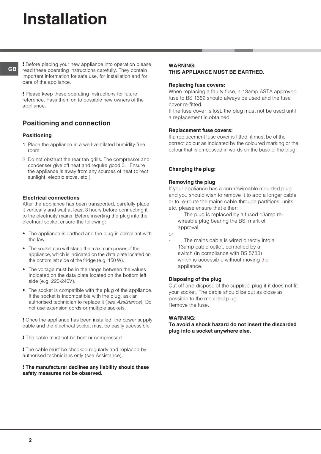 Hotpoint HM312AIFF operating instructions Installation, Positioning and connection 