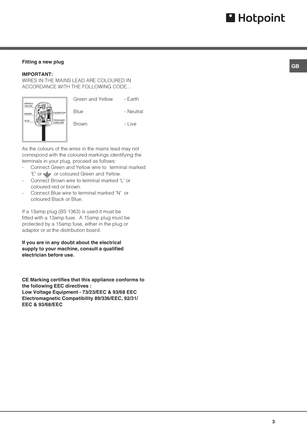 Hotpoint HM312AIFF operating instructions Fitting a new plug 