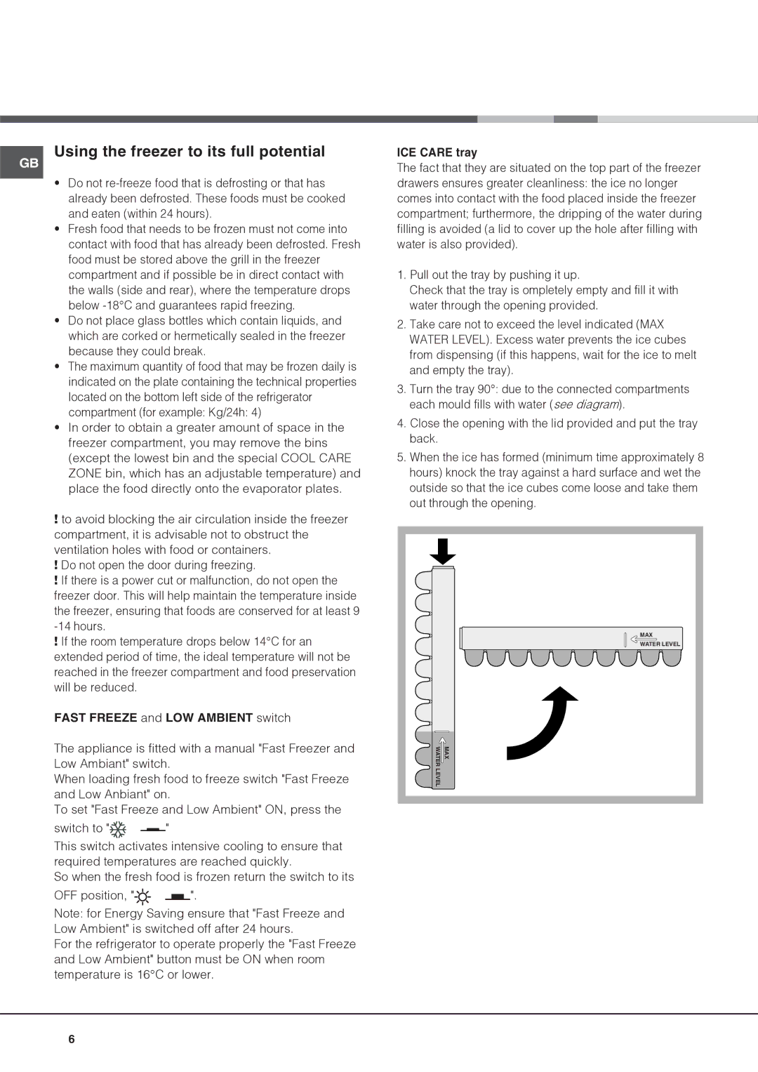 Hotpoint HM312AIFF operating instructions Using the freezer to its full potential, ICE Care tray 