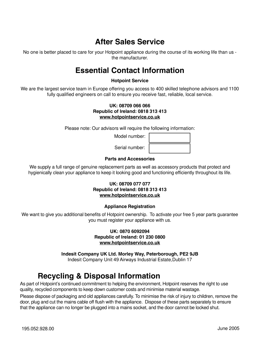 Hotpoint HM312NI manual After Sales Service 