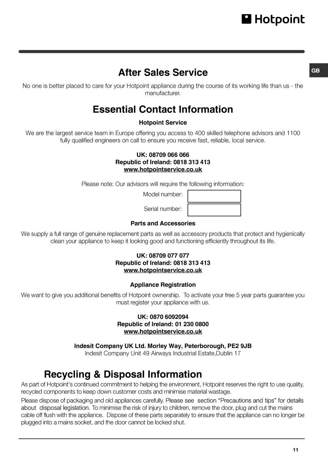 Hotpoint HM315FF manual After Sales Service 