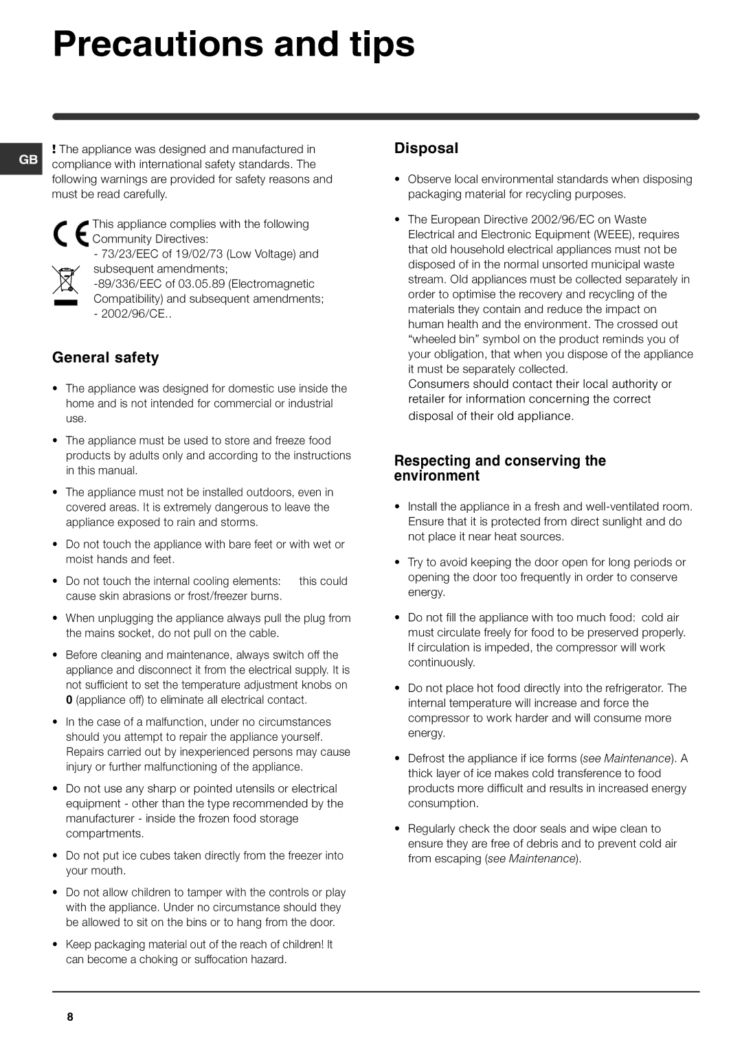 Hotpoint HM315FF manual Precautions and tips, General safety, Disposal 