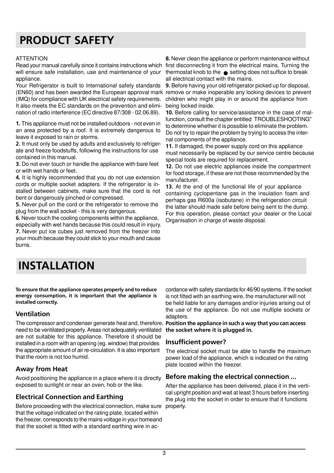 Hotpoint HM315I manual Product Safety, Installation 