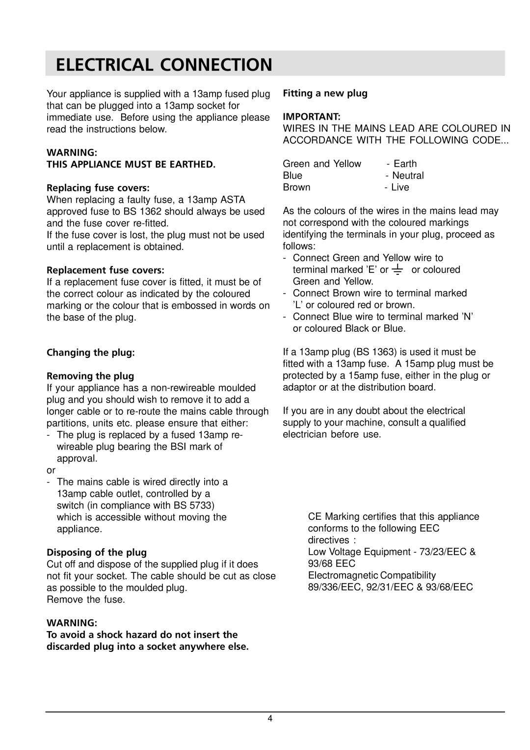 Hotpoint HM315I manual Electrical Connection 