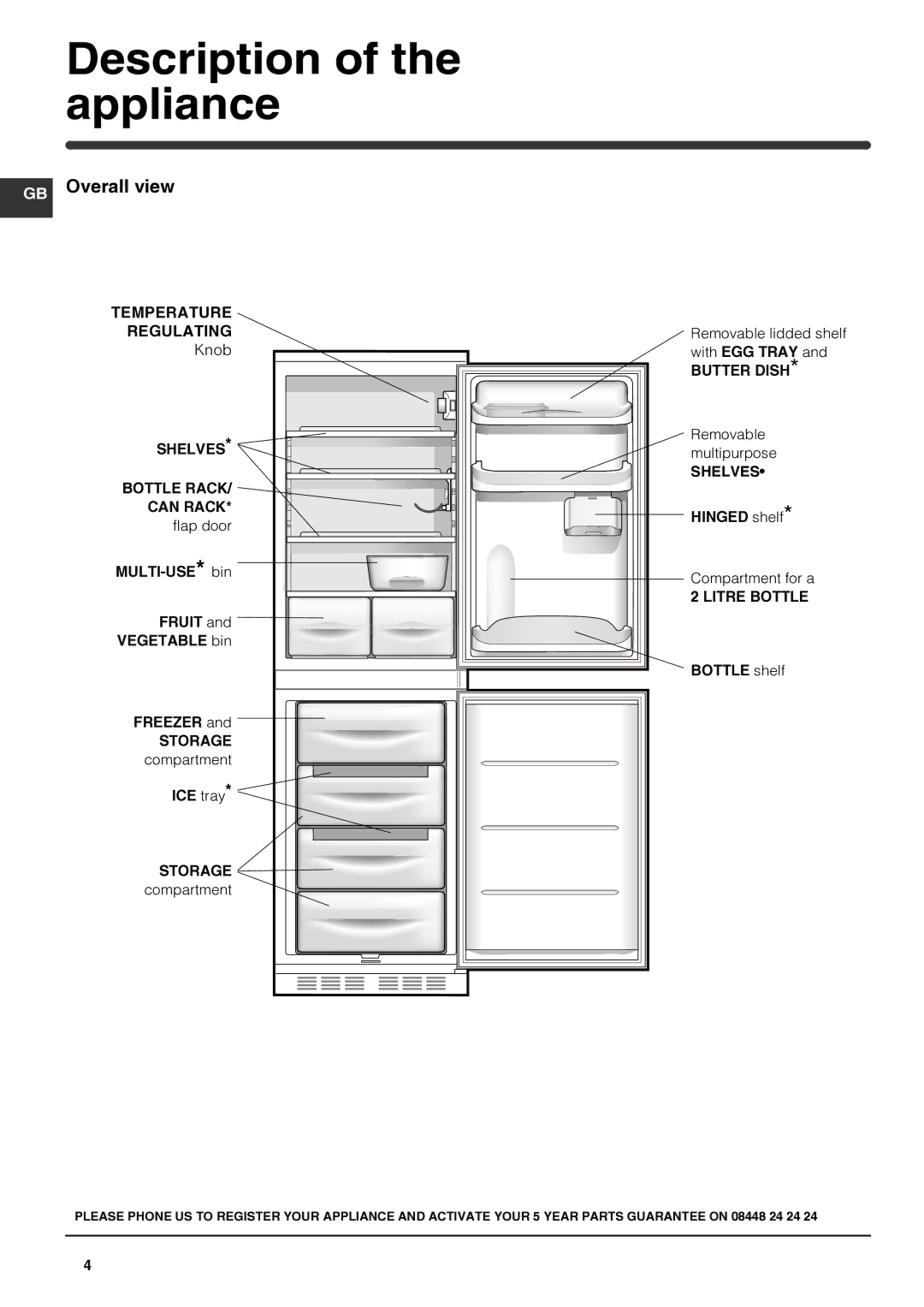 Hotpoint HM325NI, HM315NI, HOTPOINT REFRIGERATOR/FREEZER COMBINATION manual Description of the appliance, GB Overall view 