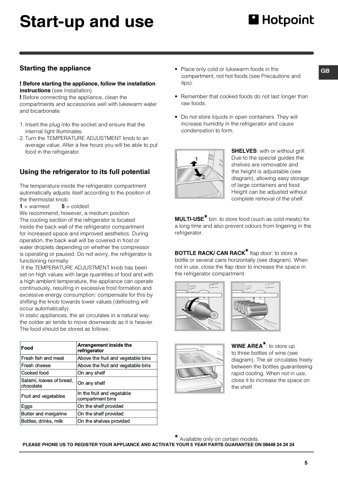 Hotpoint HOTPOINT REFRIGERATOR/FREEZER COMBINATION, HM315NI, HM325NI manual Start-up and use, Starting the appliance 