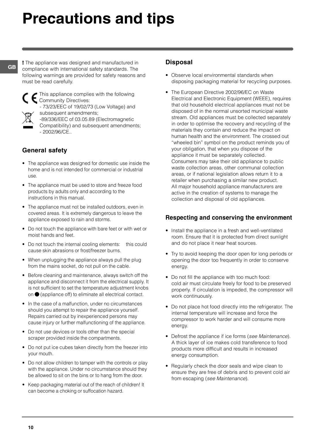 Hotpoint HM315NI manual Precautions and tips, General safety, Disposal, Respecting and conserving the environment 