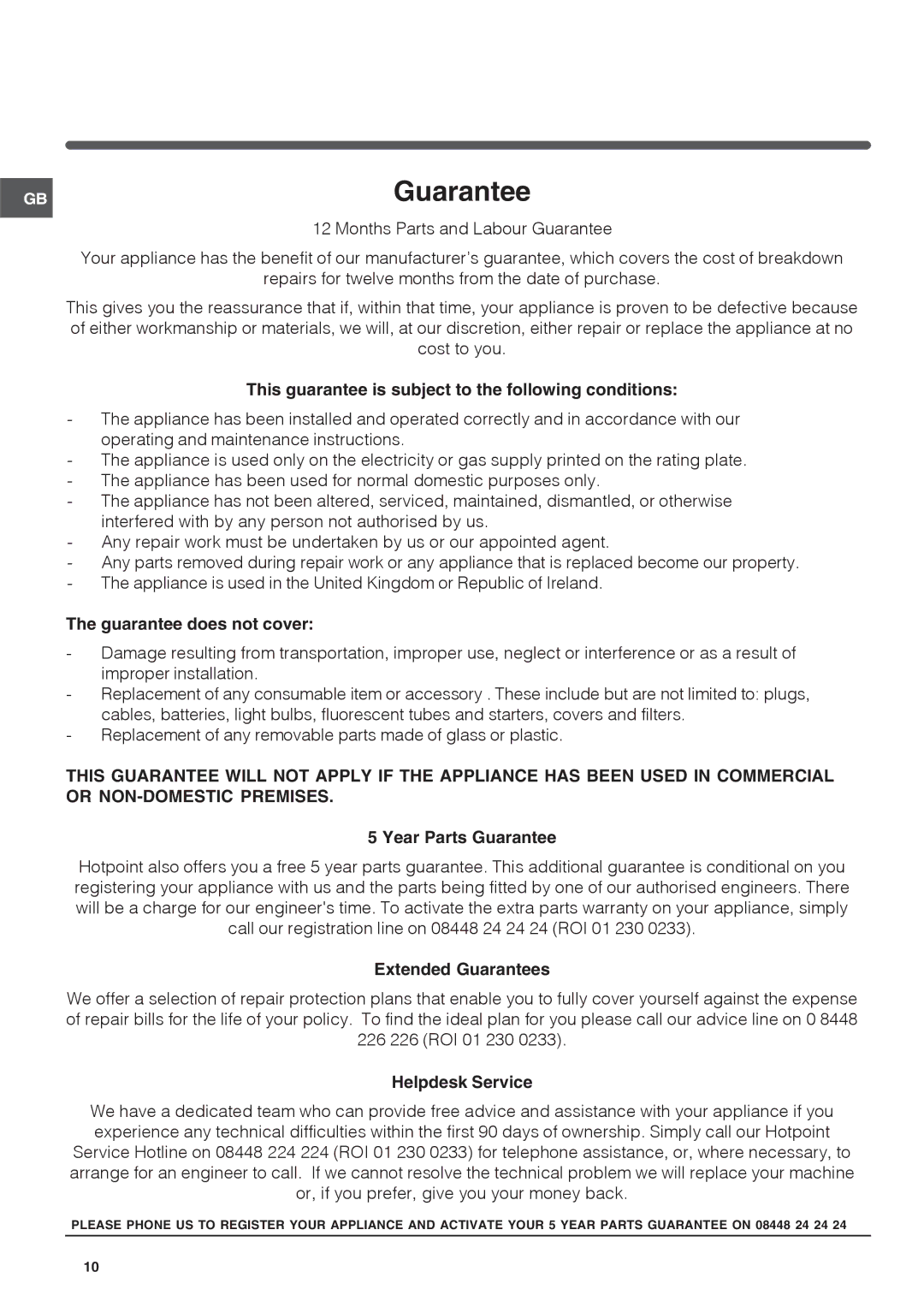 Hotpoint hm315x f operating instructions Guarantee 