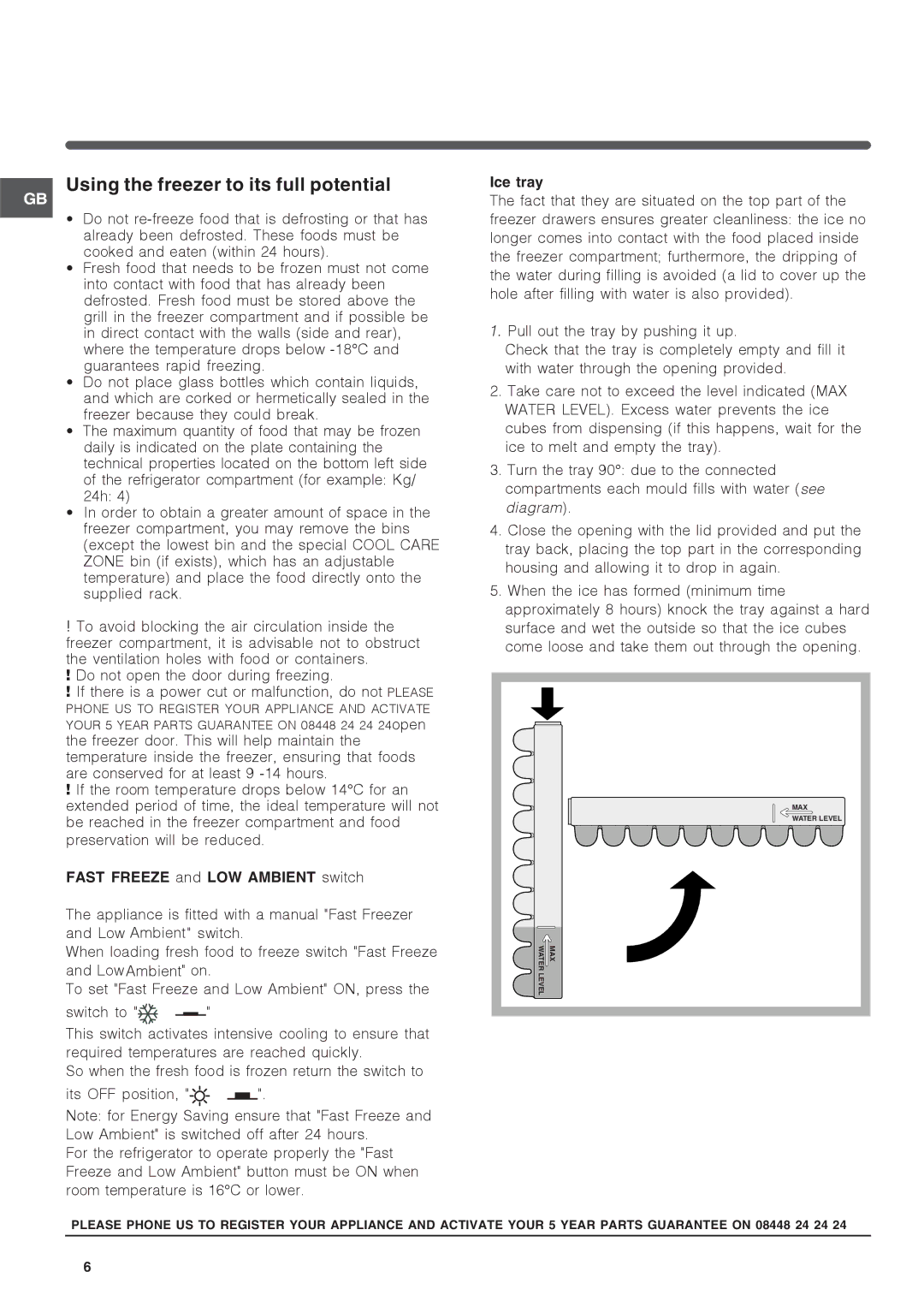 Hotpoint hm315x f operating instructions Using the freezer to its full potential, Ice tray 