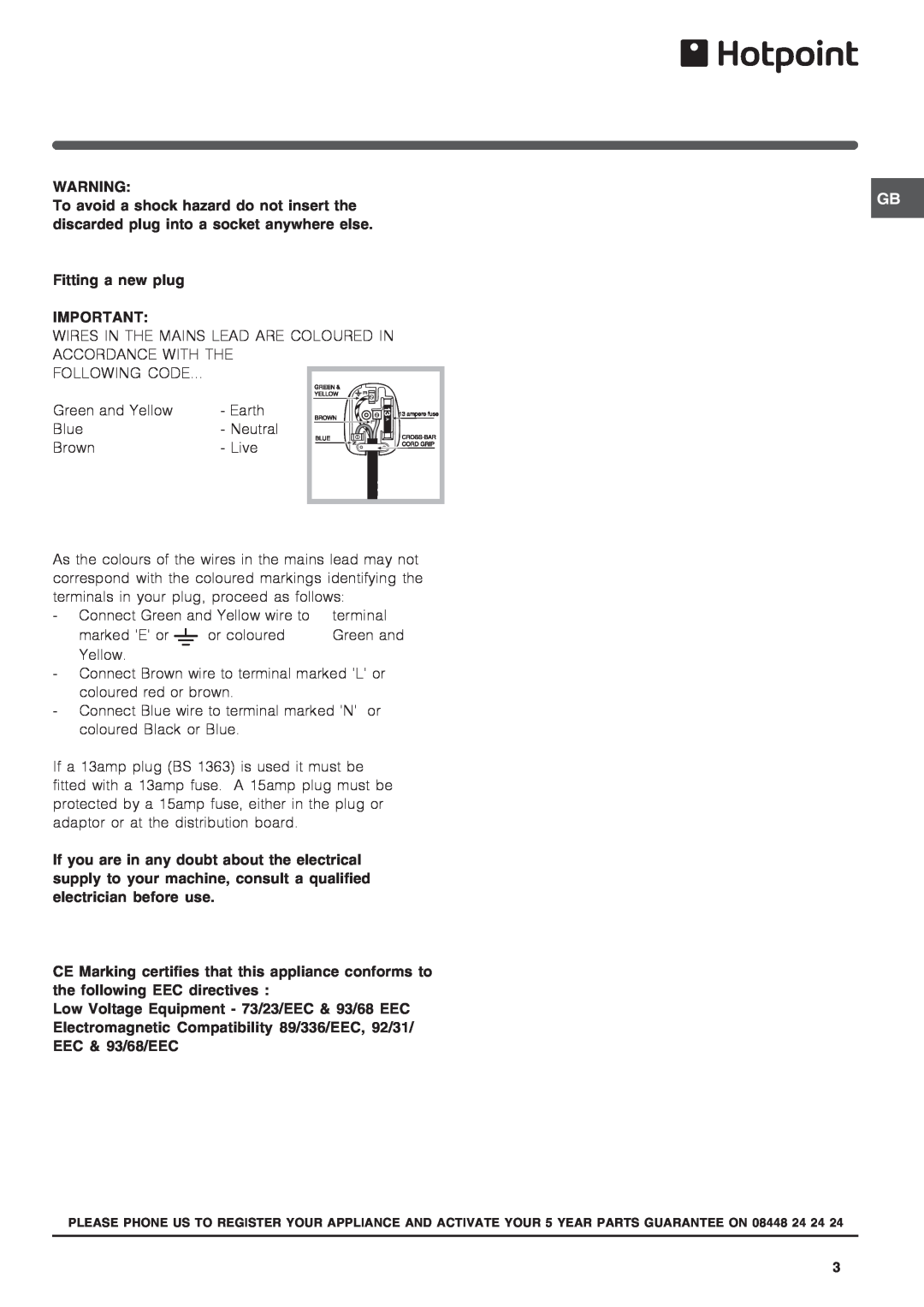 Hotpoint hm315x f operating instructions Fitting a new plug 