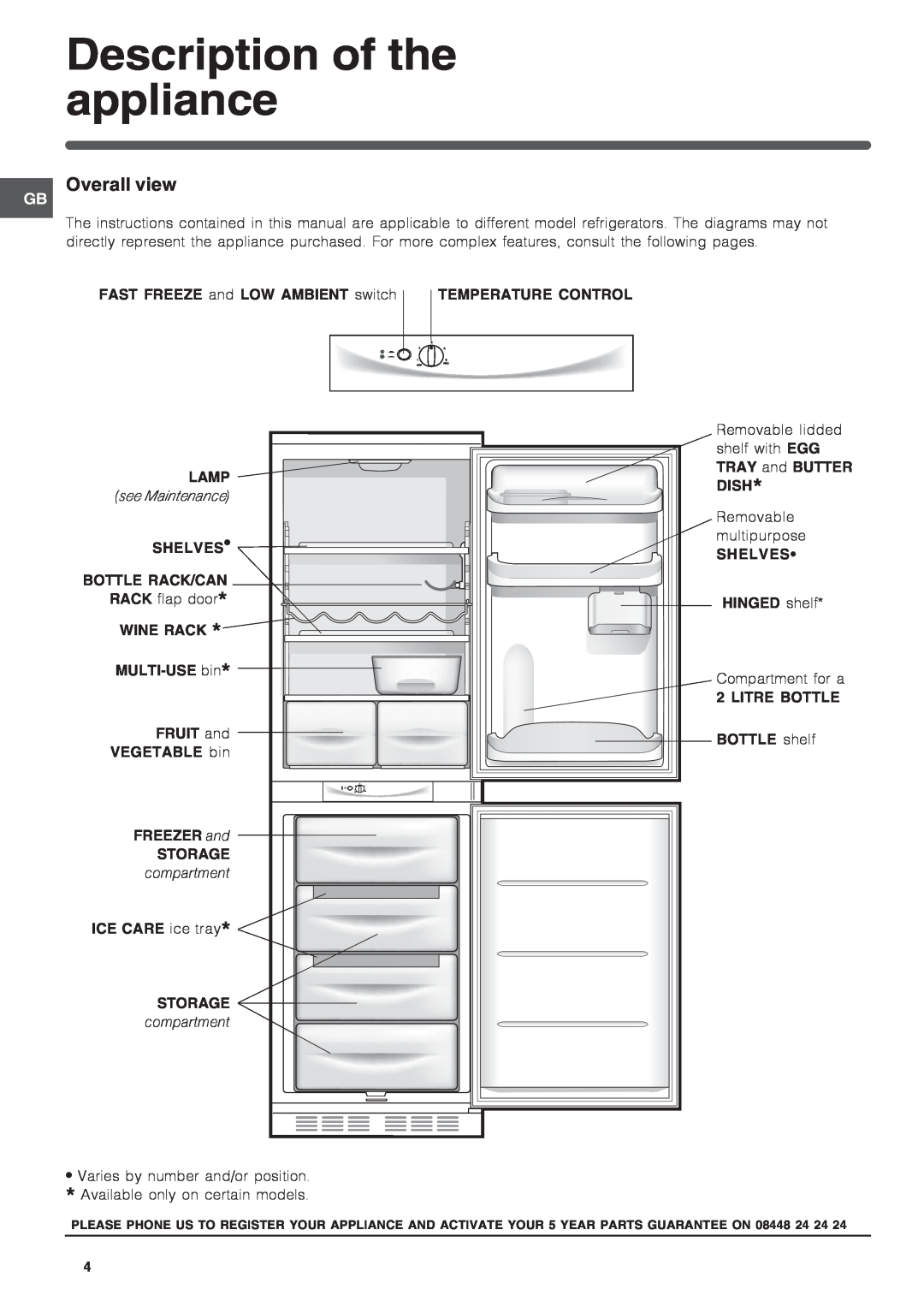 Hotpoint hm315x f operating instructions Description of the appliance, Overall view, see Maintenance, compartment 