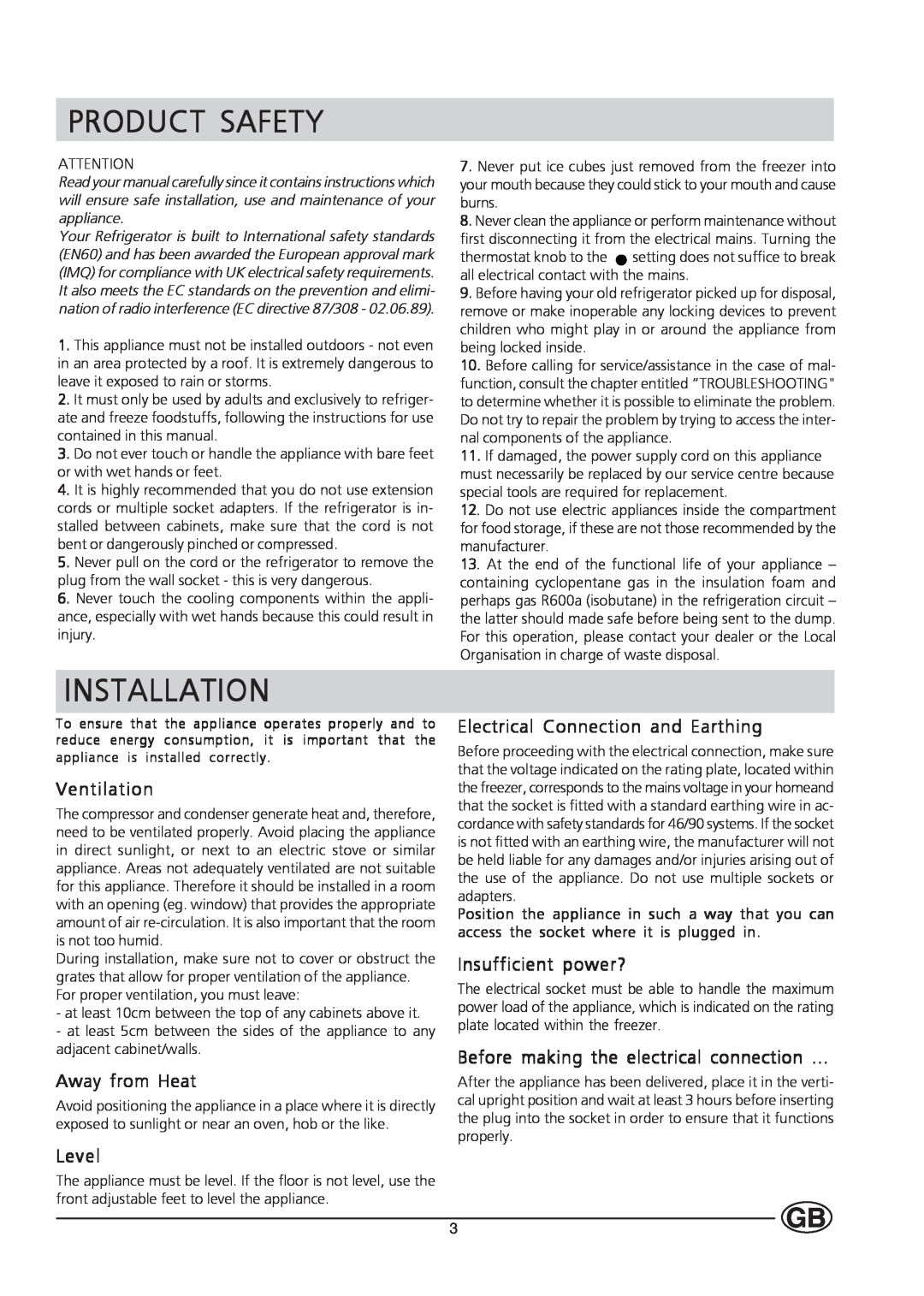 Hotpoint HM450 manual Product Safety, Installation, Ventilation, Away from Heat, Level, Electrical Connection and Earthing 