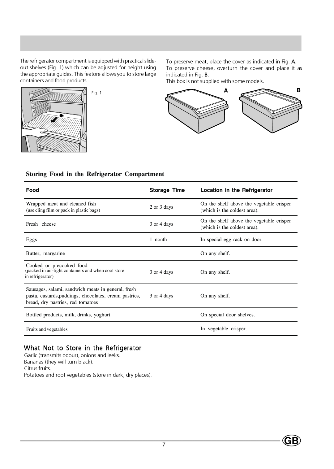 Hotpoint HM450 manual Storing Food in the Refrigerator Compartment, What Not to Store in the Refrigerator, Storage Time 
