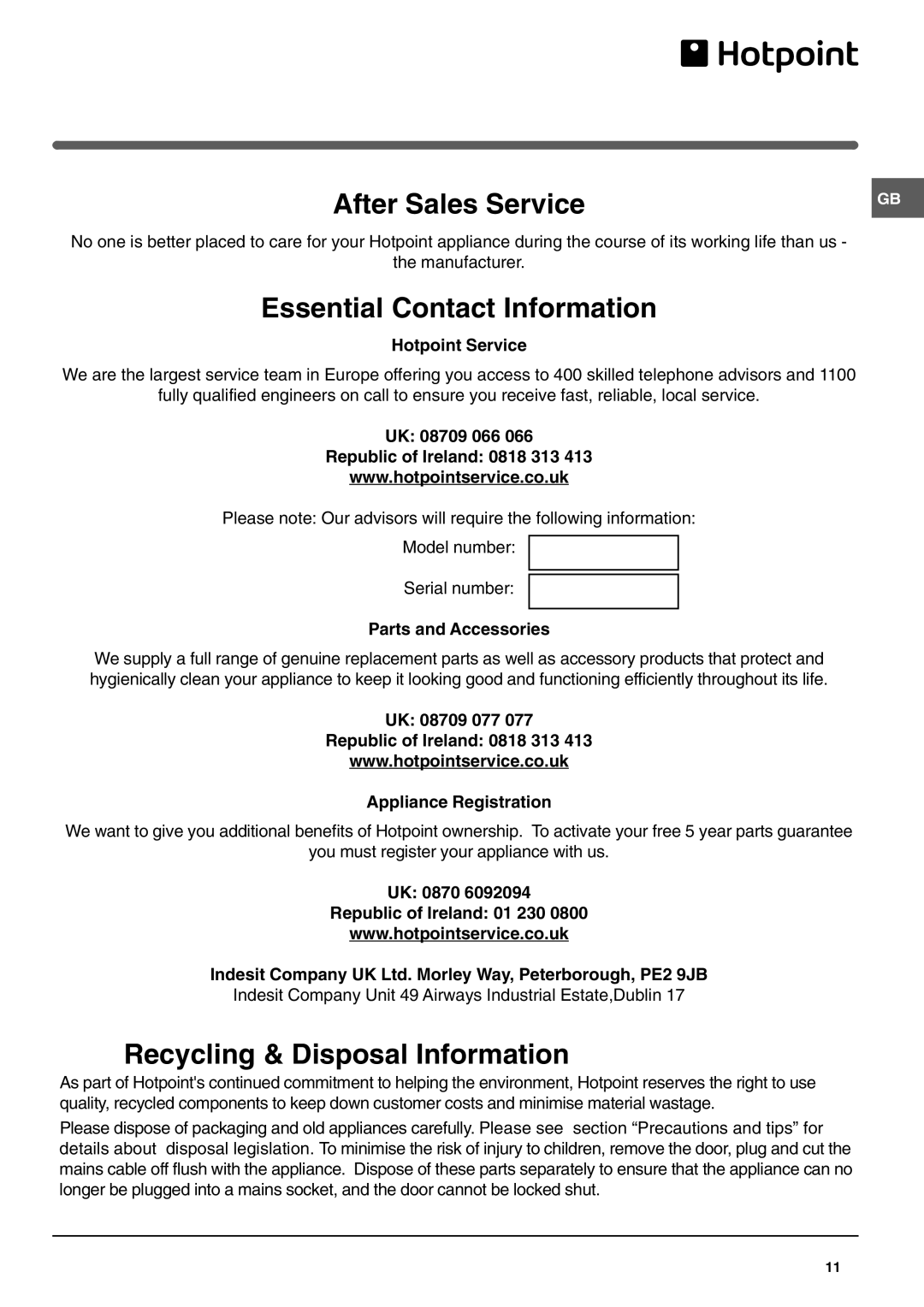 Hotpoint HMB312I, HMB312AAI manual After Sales Service 