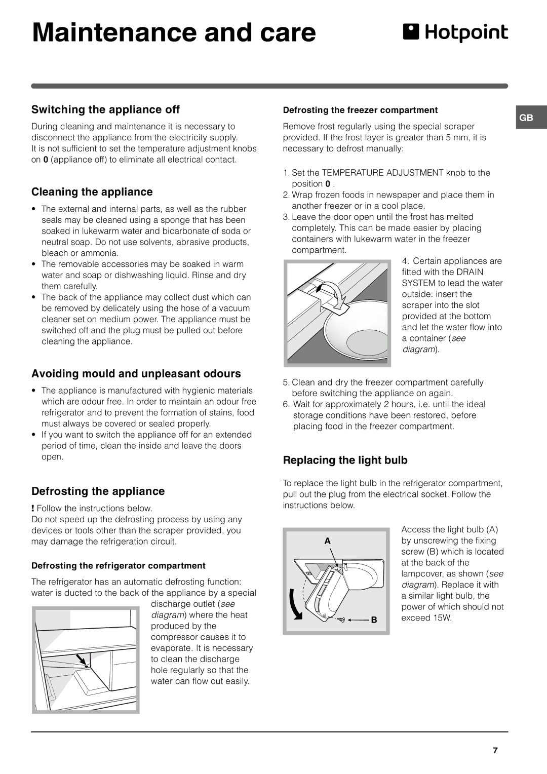 Hotpoint HMB312I, HMB312AAI manual Maintenance and care 