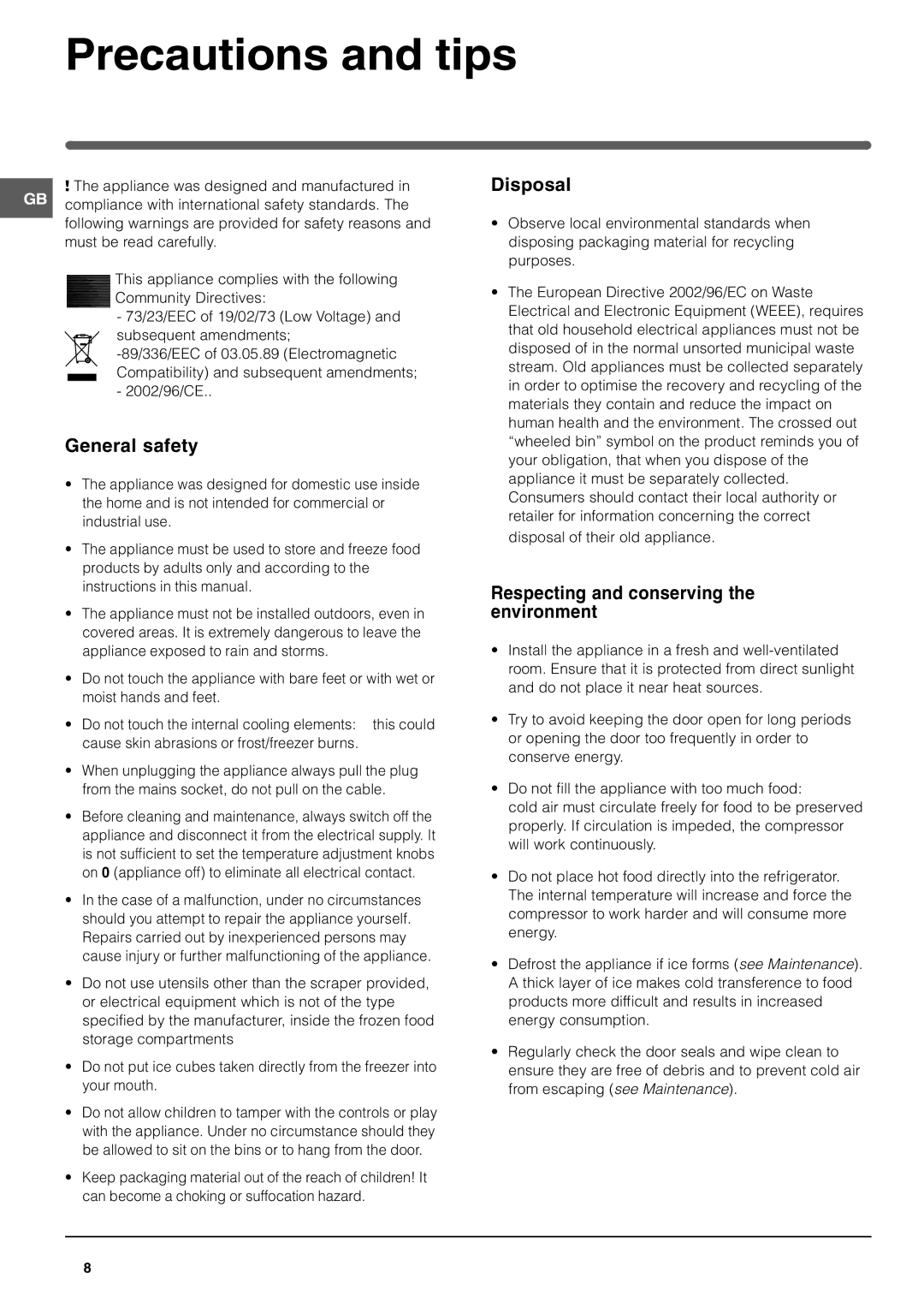 Hotpoint HMB312AAI, HMB312I manual Precautions and tips, General safety, Disposal, Respecting and conserving the environment 