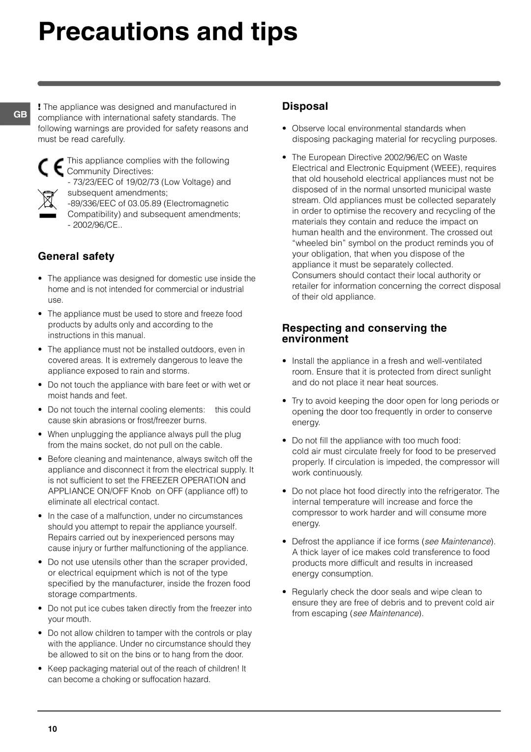 Hotpoint HMB313I manual Precautions and tips, General safety, Disposal, Respecting and conserving the environment 